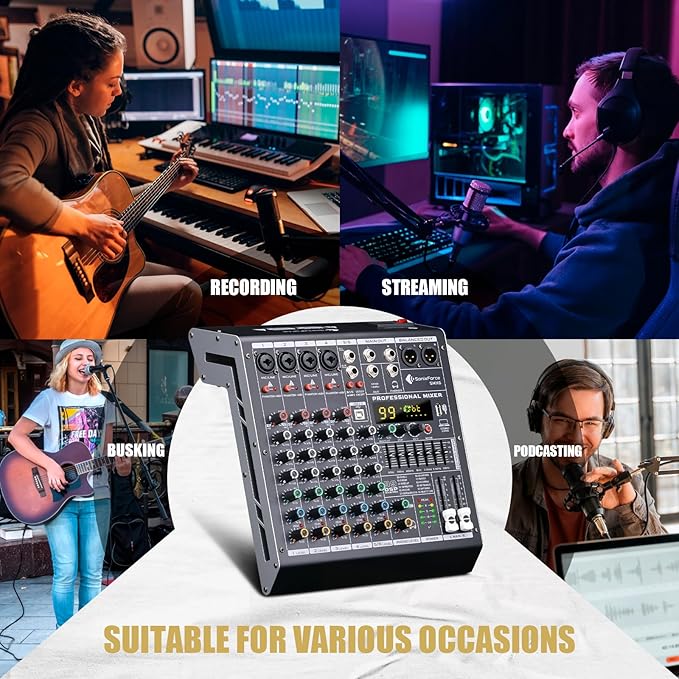 6 Channel Audio Mixer Sound Board Console System 99 DSP DJ Mixer 48V Phantom for Karaoke DJ Studio Streaming Recording