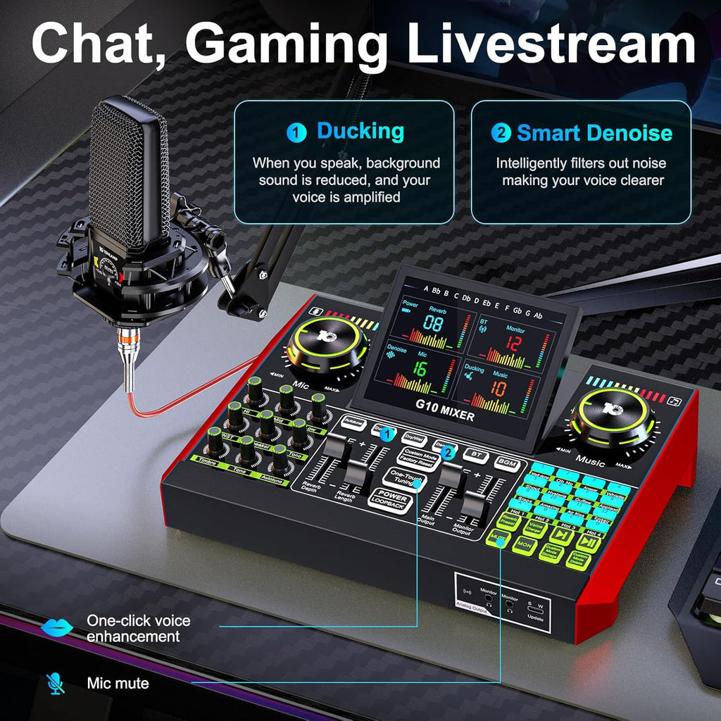 Podcast Equipment Bundle with 3.5mm Condenser Microphone for Pc/Phone Live Streaming Singing Gaming, Podcast Microphone Bundle with Live Sound Card Audio Mixer,Voice Changer, Denoise,DJ Sets