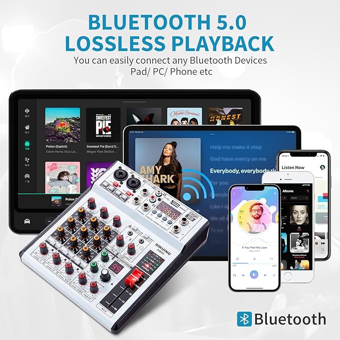 6 Channel Audio Mixer Professional Sound Board Console w/99 DSP Effects 48V Phantom Power Bluetooth USB Interface Stereo DJ Mixer Board for Karaoke Live Performance DJ Stage