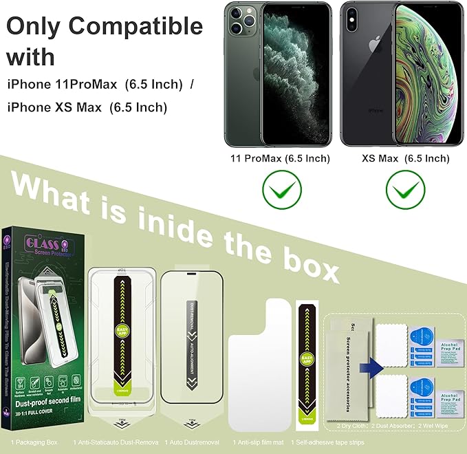 (2-Pack Ultra HD Clear Screen Protector for iPhone 11 Pro Max/XS Max (6.5-Inch),9H Tempered Glass,Full Coverage,Anti-Fingerprint,Auto Dust Removal,Bubble-Free,Easy Installation