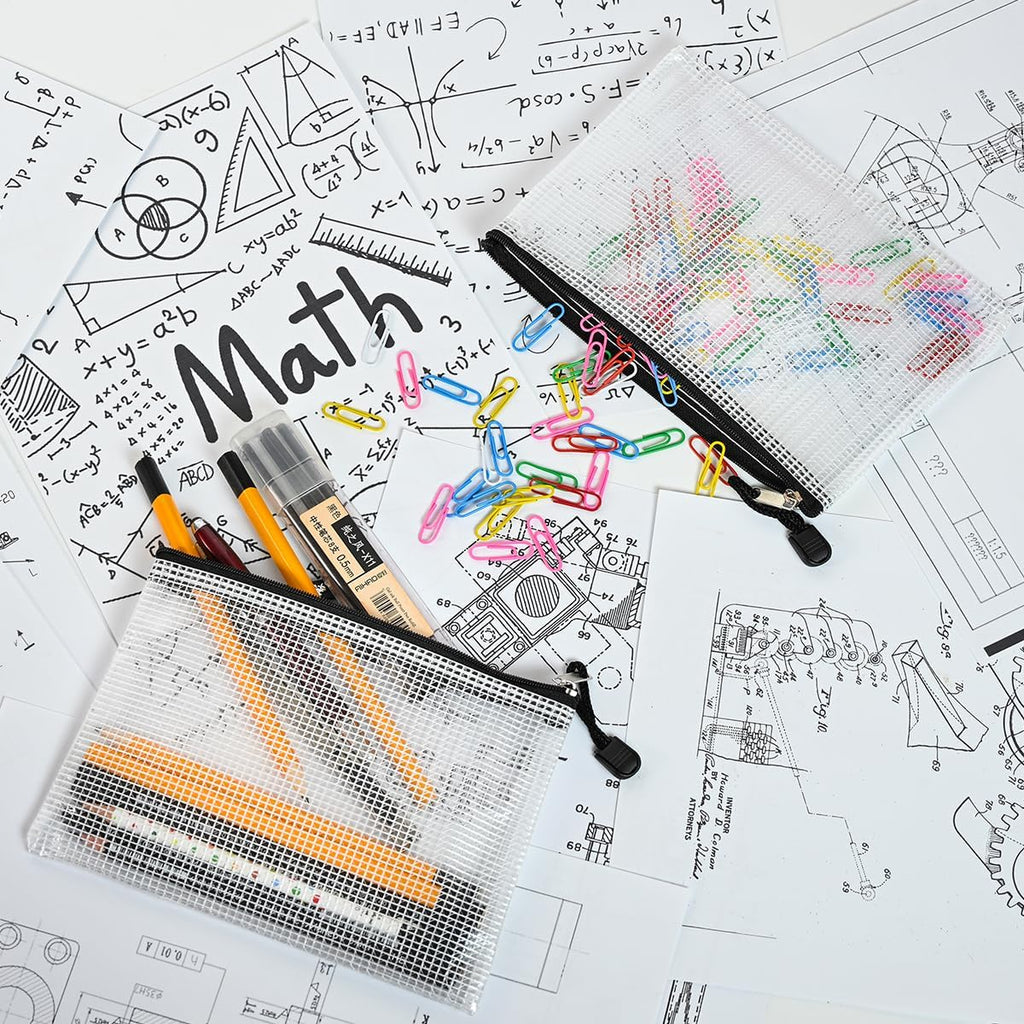 AUSTARK 10 Pcs Zipper File Bags, Waterproof Plastic Mesh Pouch for Office School, Board Game Storage Bags (B6 Size 7.6''x5.3'', White and Black)