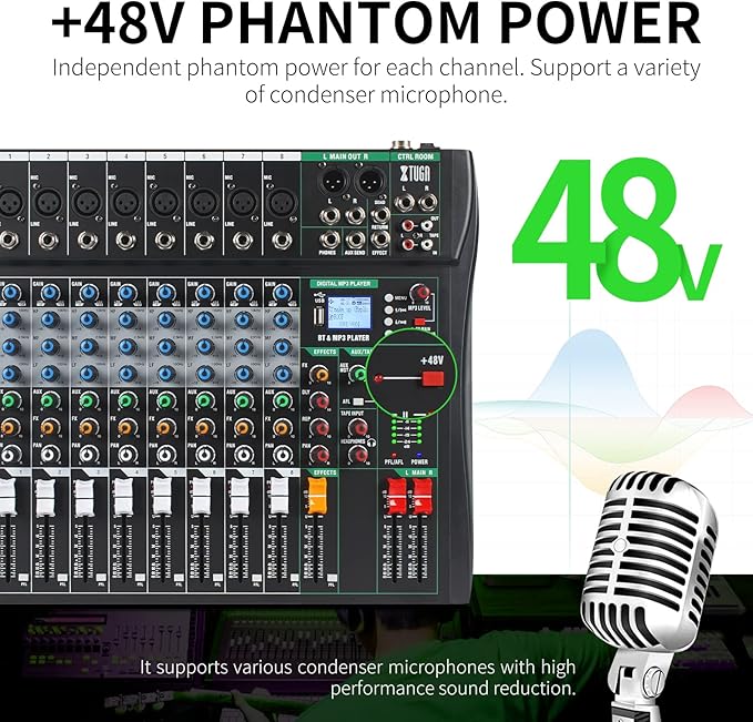 XTUGA 8 Channel Audio Mixer Sound Board Mixing Console, Audio Interface PC USB Bluetooth with 48V Phantom Digital Effect for DJ Live Recording Studio Karaoke(CT80)
