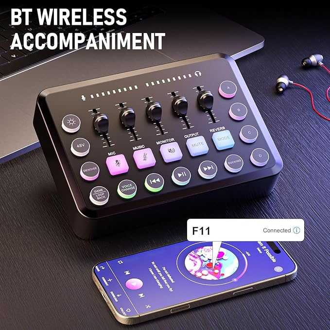 F11 Gaming Audio Mixer, Sound Board for PS5/ PC/Phone, Live Streaming Audio Interface with 3.5mm/XLR Microphone Input, Individual Control Live Sound Card, DJ Mixer Effects, Voice Changer, Denoise