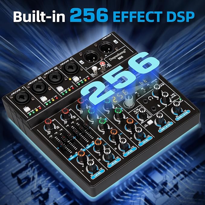 Depusheng M6 Portable Mini Mixer 6-Channel Audio Mixer DJ Console with Sound Card, Bluetooth Function, USB, 48V Phantom Power for PC Recording Webcast Party with 256 DSP