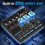 Depusheng M6 Portable Mini Mixer 6-Channel Audio Mixer DJ Console with Sound Card, Bluetooth Function, USB, 48V Phantom Power for PC Recording Webcast Party with 256 DSP