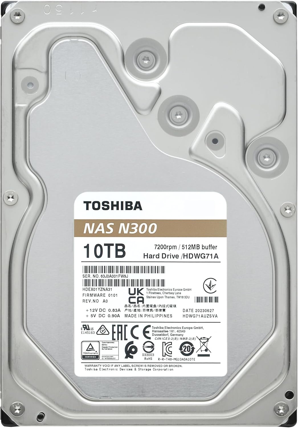 Toshiba N300 10TB NAS 3.5-Inch Internal Hard Drive - CMR SATA 6 Gb/s 7200 RPM 512 MB Cache - HDWG71AXZSTA