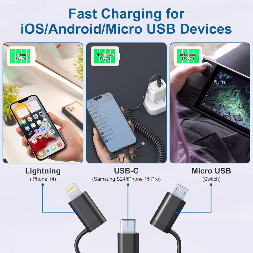 USB to USB-C Lightning Micro-USB Cable Combo 3 in 1 Coiled Cable Support Carplay & Android Auto [MFi & 3A Fast Charge & Data Sync] Coiled Lightning/USB C/Micro-USB Cable for iPhone 17 16 15 14 Android