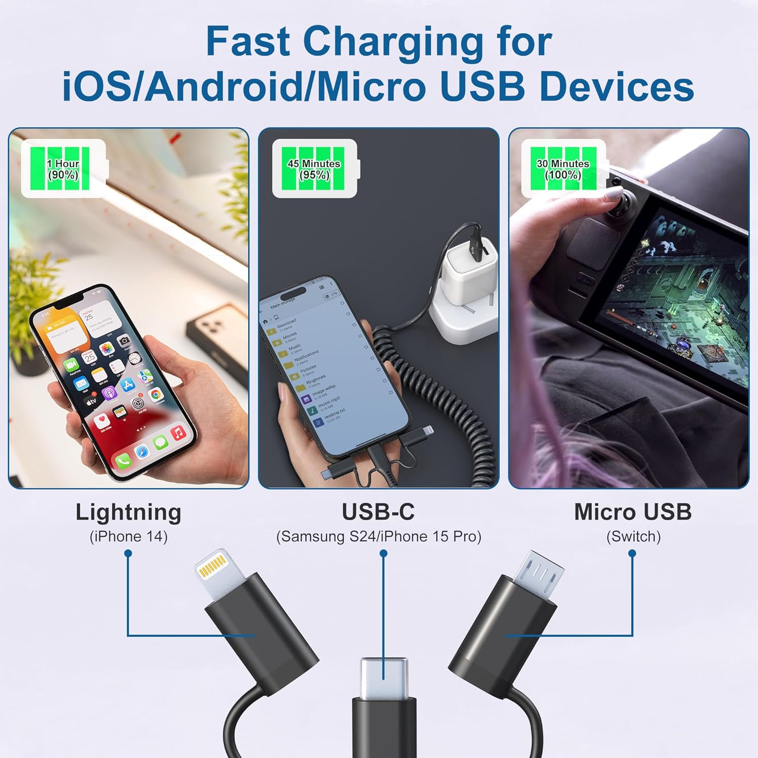 USB to USB-C Lightning Micro-USB Cable Combo 3 in 1 Coiled Cable Support Carplay & Android Auto [MFi & 3A Fast Charge & Data Sync] Coiled Lightning/USB C/Micro-USB Cable for iPhone 17 16 15 14 Android
