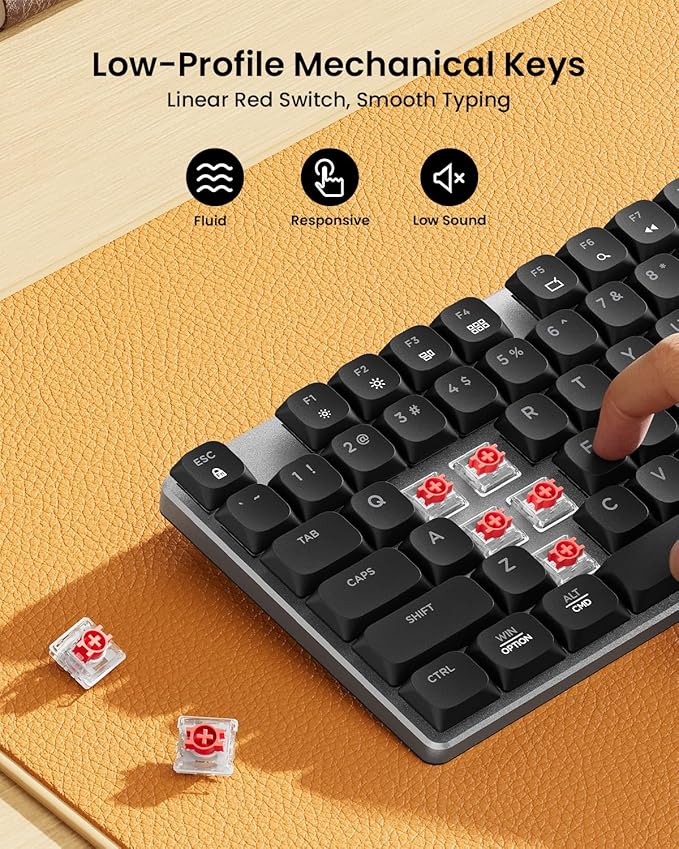 ProtoArc Mechanical Keyboard and Mouse, KM310 Wireless Rechargeable Aluminum Keyboard Mouse, 2.4G+Dual Bluetooth, Low Profile Keys, Red Switches, Multi-Device, for Windows/Mac - Space Gray
