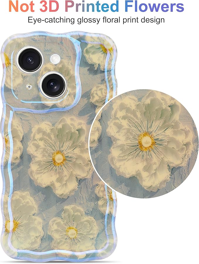 Jusy Compatible with iPhone 14 Plus/15 Plus, Colorful Retro Oil Painting Printed Flower Laser Glossy Pattern Cute Curly Wave Phone Case Soft TPU Cover for Girly Women -Light Blue