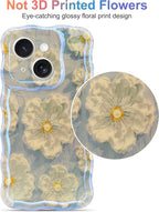 Jusy Compatible with iPhone 14, Colorful Retro Oil Painting Printed Flower Laser Glossy Pattern Cute Curly Wave Phone Case Soft TPU Cover for Girly Women -Light Blue