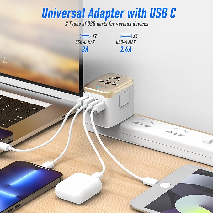 Universal International Power Travel Plug Adapter, 5 in 1 European Travel Plug Adapter W/ 3.5A 2xUSB-A and 2xUSB C Wall Charger and Worldwide AC Outlet for Europe USA UK AUS Asia (White Gold)