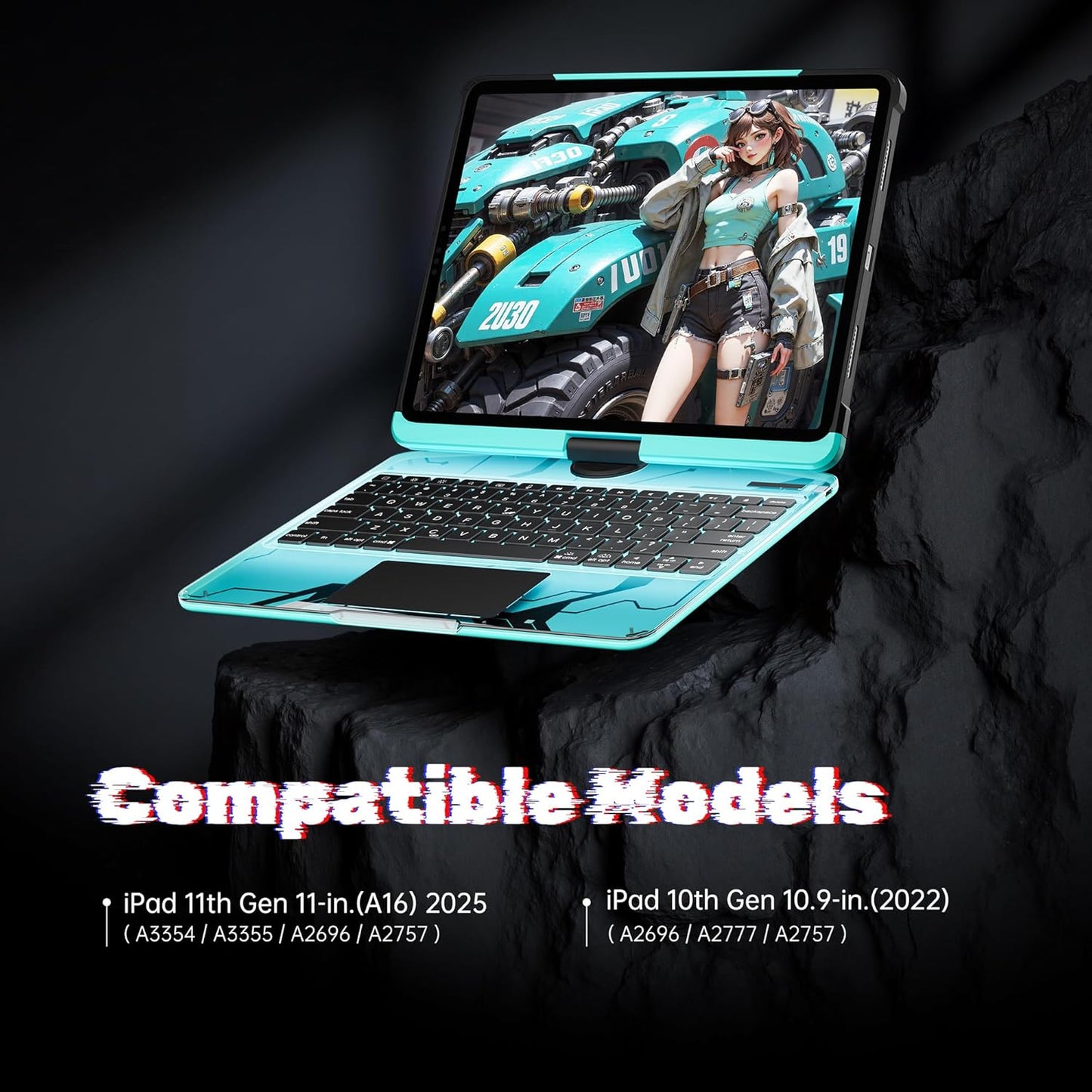 KITONE Transparent Case with Wireless Keyboard for iPad 11th Gen 11-in.(A16, 2025), 2022 iPad 10th Gen 10.9-in, 7 Colors Backlight, Trackpad, 360°Rotating Stand, Tech Style