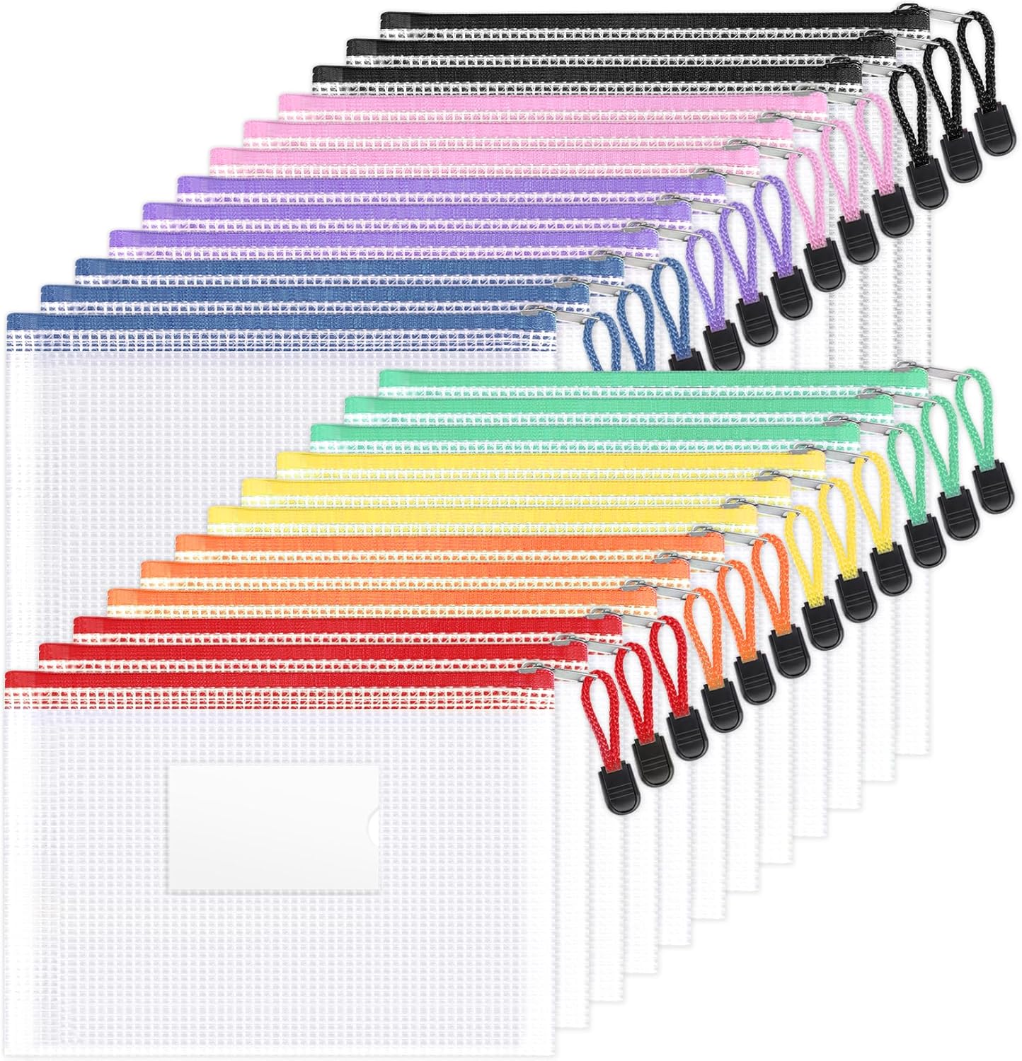 Sooez 24 Pack Mesh Zipper Pouch Bags with Label Pocket, A5 (9.4×6.8 in) Small Pencil Case Pouch for Organizing, Clear Plastic Pencil Pouches Bulk for School Supplies Storage, Money Envelopes for Cash