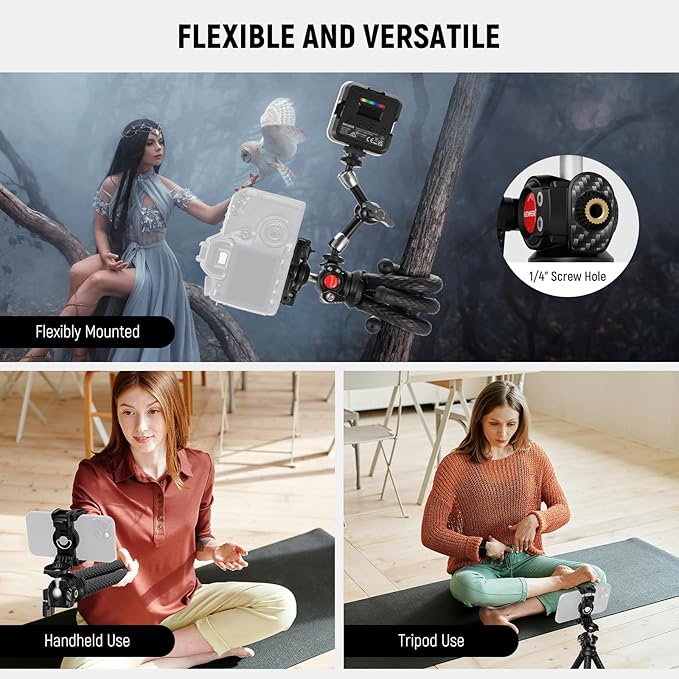 NEEWER Flexible Tripod with Remote, Mini Camera Phone Tripod Stand with Hidden Phone Holder&Action Camera Adapter Compatible with iPhone GoPro Hero13 12 11 10 DJI Insta360 Samsung for Vlogging, TP34