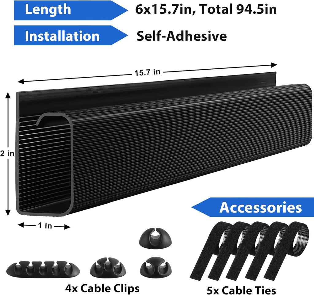 Cable Management Under Desk 94.5in (6X L15.8in) J Channel, ZhiYo Cord Organizer for Desk, Self-Adhesive Cable Organizer, Cord Management Wire Organizers for Cords, Wire Management Cable Raceway Black