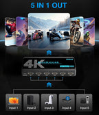 BlueRigger 4K HDMI Switch 5 in 1 Out (4K 60Hz, 5 Port Video Switcher, HDMI Hub, HDR10+, 18Gbps, Selector Box with IR Remote) – Compatible with HDTV, PS5, Xbox, Apple TV, Projector, Blu-Ray