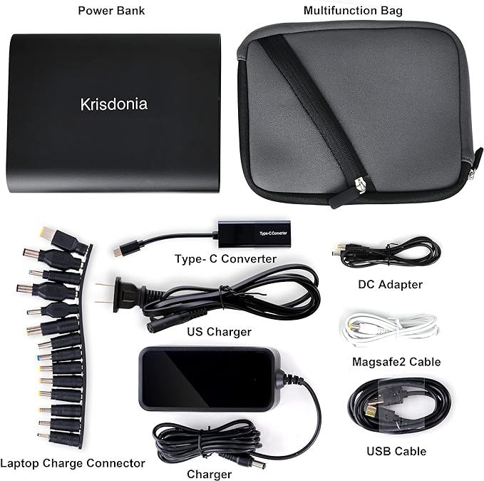 Krisdonia 50000mAh Laptop Power Bank 5/9/12/16/19/20V Portable Laptop Battery Charger with QC3.0 USB-A Port & 12V Type-C Port for Laptop, Tablet, Smartphone and More Devices