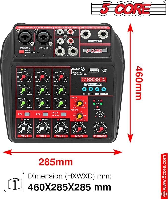 5 Core Audio Mixer 4 Channel DJ Mixing Board Small Bluetooth USB Analog Mezclador De Audio w Phantom Power Console for Live Recording Podcast Karaoke PARENT MX 4CH (Black)