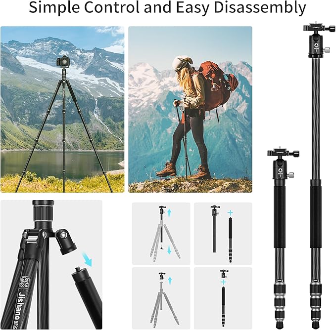 Carbon Fiber Camera Tripod, 62" Professional Video Tripod for Camera with 360° Ball Head, 1/4" Arca QR Plate, Compact Lightweight Travel Monopod for DSLR/Smartphone, Max Load 17.6 lbs/8kg