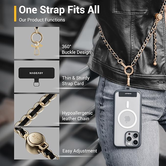 MAGEASY Crossbody Phone Chain Strap - Universal Metal Crossbody Phone Lanyard With Adjustable Length, Chic Cell Phone Necklace Phone Strap for iPhone & Android Phones - Modern Gold Metal