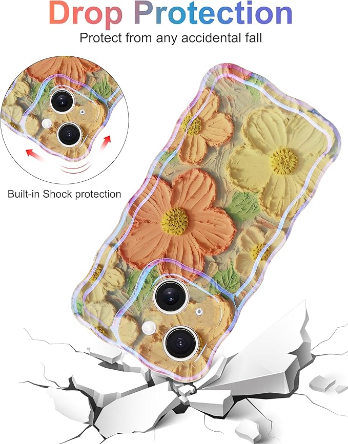Jusy Compatible with iPhone 14, Colorful Retro Oil Painting Printed Flower Laser Glossy Pattern Cute Curly Wave Phone Case Soft TPU Cover for Girly Women - Orange Yellow
