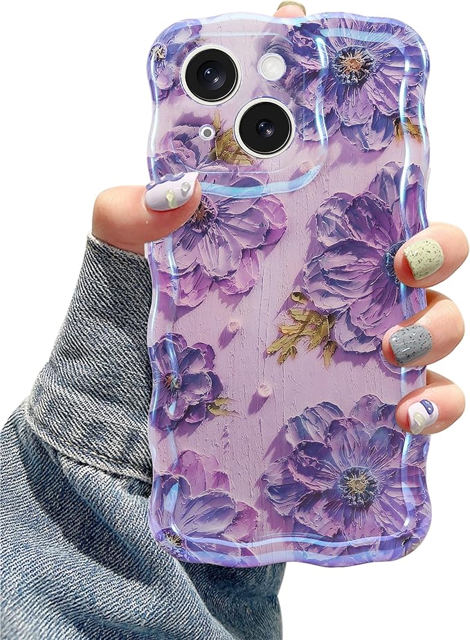 Jusy Compatible with iPhone 13, Colorful Retro Oil Painting Printed Flower Laser Glossy Pattern Cute Curly Wave Phone Case Soft TPU Cover for Girly Women - Purple