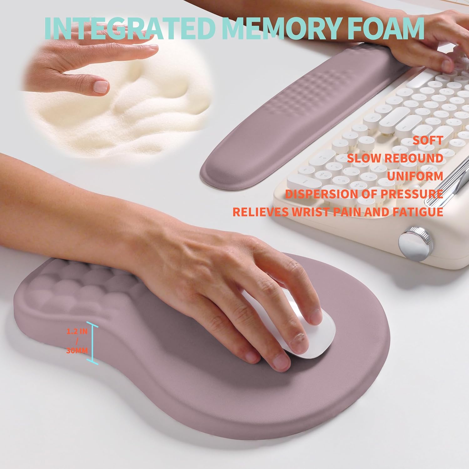 2-in-1 Ergonomic Set, Wave Rise Keyboard Wrist Rest and Massage Bulge Slope Mouse Pad Wrist Support, Cushion Memory Foam Integrated to Relieve Wrist Pain, Purple