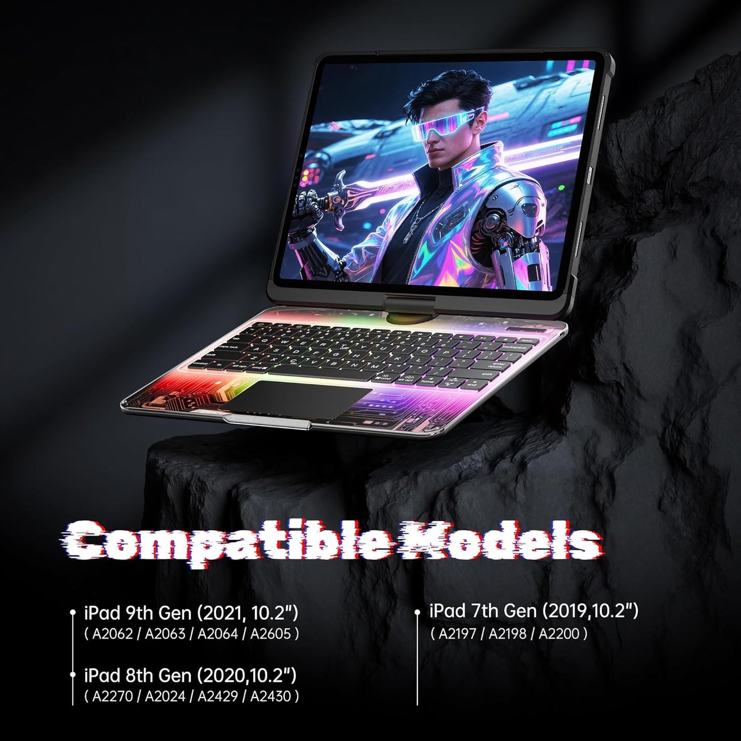 KITONE Transparent Case with Wireless Keyboard for iPad 10.2-in (7th, 8th, and 9th Gen), 7 Colors Backlight, Trackpad, 360°Rotating Stand, Tech Style