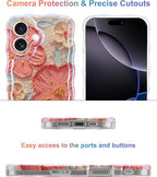 Jusy Compatible with iPhone 16, Colorful Retro Oil Painting Printed Flower Laser Glossy Pattern Cute Curly Wave Phone Case Soft TPU Cover for Girly Women - Orange White