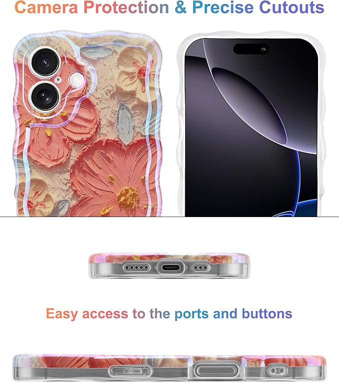 Jusy Compatible with iPhone 16, Colorful Retro Oil Painting Printed Flower Laser Glossy Pattern Cute Curly Wave Phone Case Soft TPU Cover for Girly Women - Orange White
