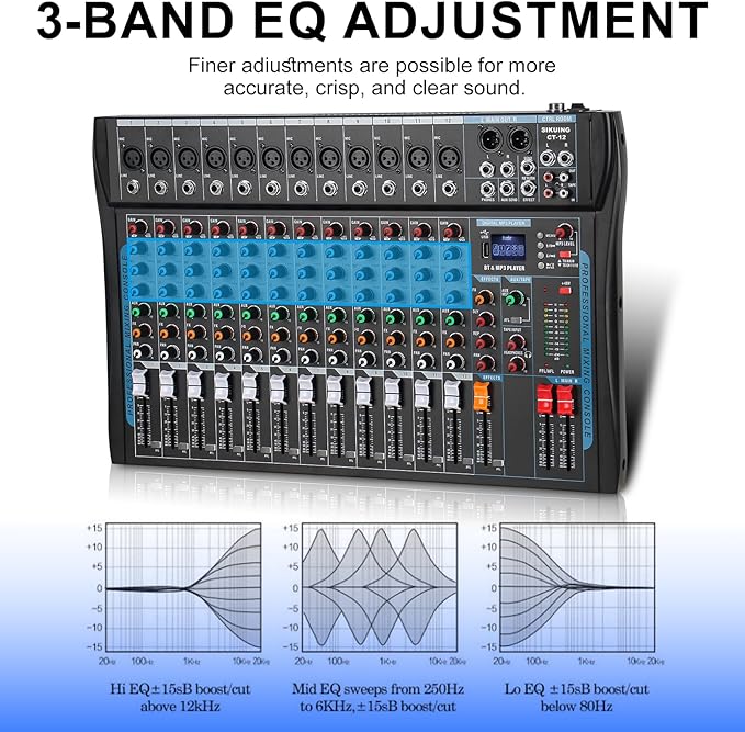 12 Channel Audio Interfacer Sound Board Mixer DJ Mixer 16-Bit DSP Effect USB Audio Mixer +48V Phantom Power Bluetooth Mixer for Karaoke Studio Streaming Recording,Live Streaming