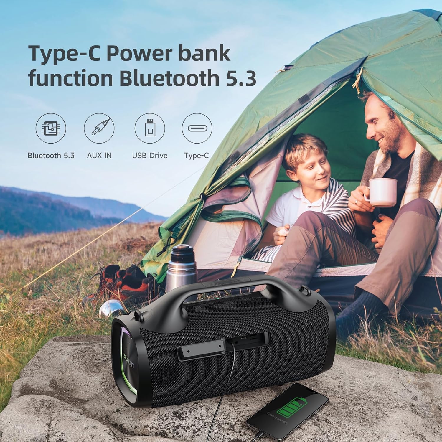 ZEALOT Bluetooth Speaker, 110W Peak(100W) Booming Sound Speakers Wireless, Dual Pairing, XBass, Bluetooth 5.3, 24000mAh Power Bank, Portable Outdoor Waterproof Speaker for Camping, Beach and Party