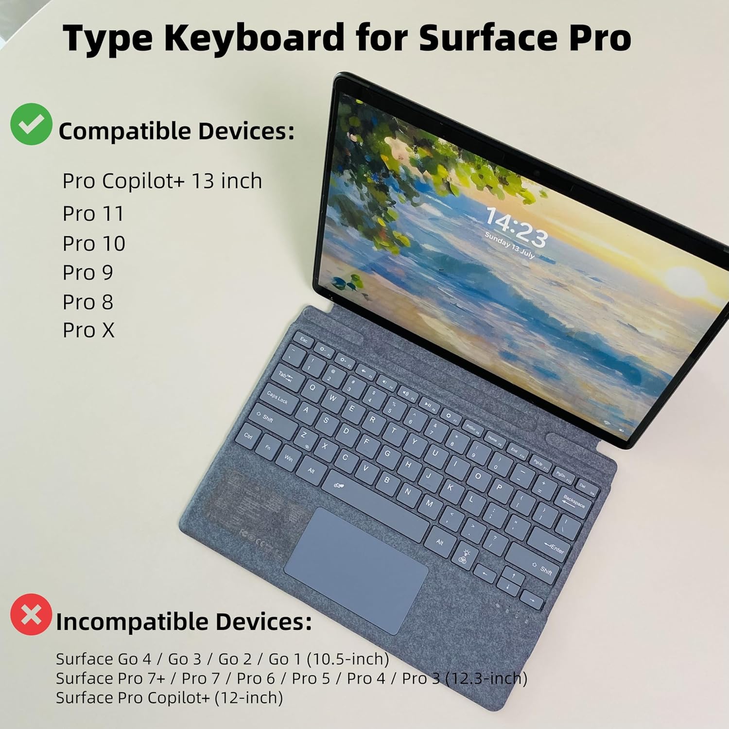 Keyboard for Microsoft Surface Pro Copilot+ (11th Edition) / Pro 11 / Pro 10 / Pro 9 / Pro 8 / Pro X, 13 inch, Detachable Type Cover with Touchpad, 7-Color Backlit & Pen Holder (Ice Blue)
