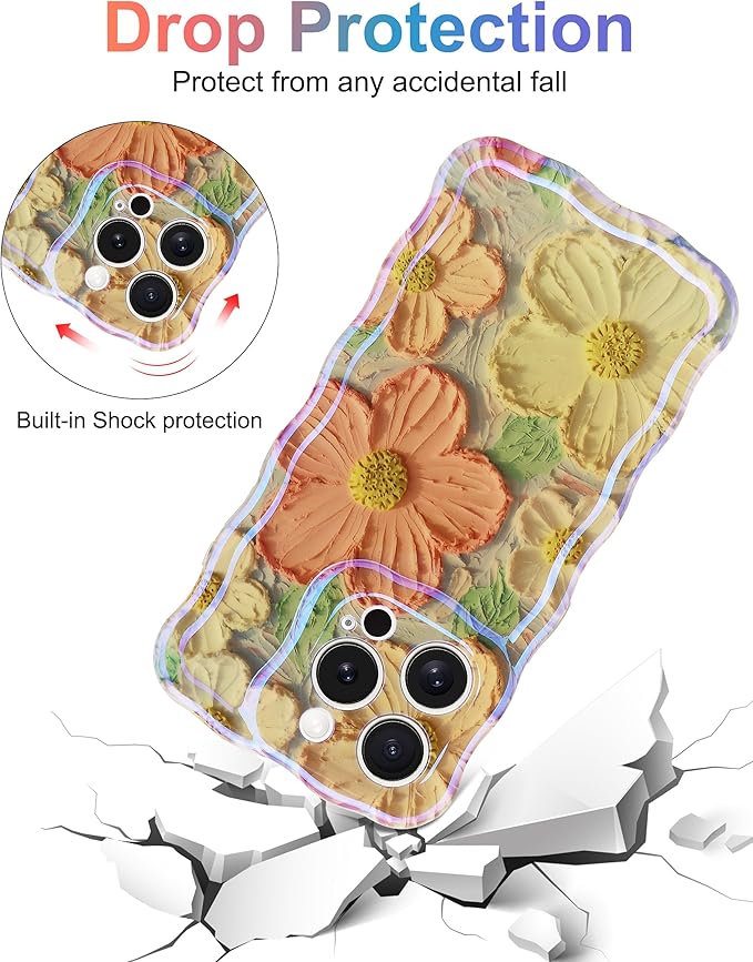Jusy Compatible with iPhone 16 Pro Max, Colorful Retro Oil Painting Printed Flower Laser Glossy Pattern Cute Curly Wave Phone Case Soft TPU Cover for Girly Women - Orange Yellow