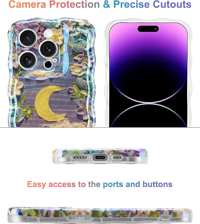 Jusy Compatible with iPhone 16 Pro, Colorful Retro Oil Painting Printed Flower Laser Glossy Pattern Cute Curly Wave Phone Case Soft TPU Cover for Girly Women - Purple Moon