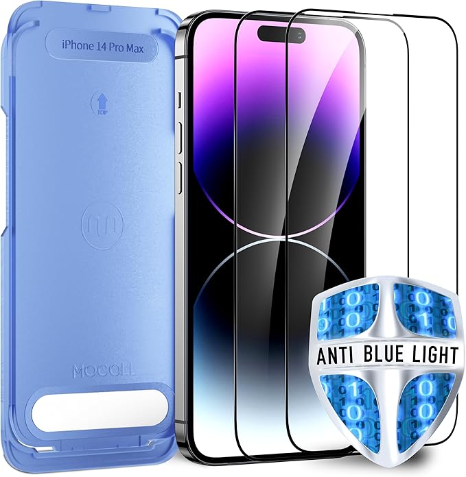 [Auto Alignment Kit] for iPhone 14 Pro Max Screen Protector Blue Light [6.7 inch] Full Coverage Dynamic Island Compatible, Anti Glare Anti Blue Light Tempered Glass Film, Case Friendly,2 Pack