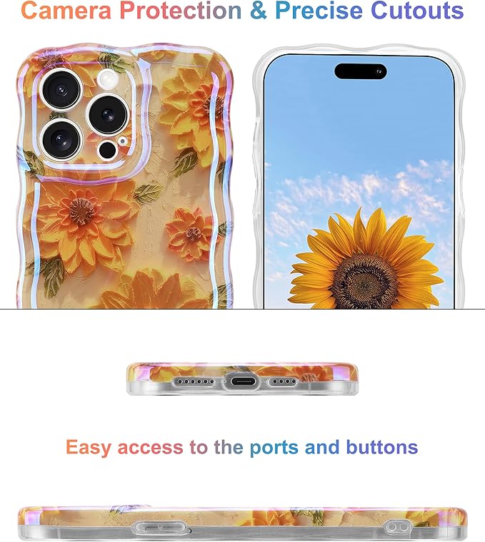Jusy Compatible with iPhone 14 Pro Max, Colorful Retro Oil Painting Printed Flower Laser Glossy Pattern Cute Curly Wave Phone Case Soft TPU Cover for Girly Women - Sunflower