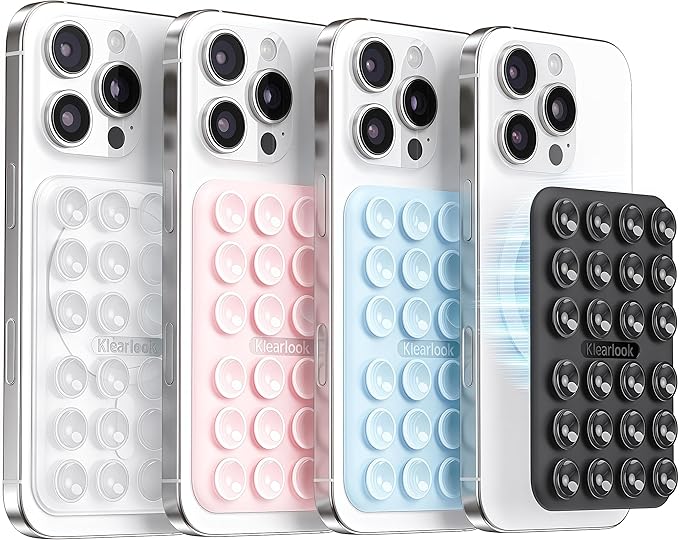 Klearlook 4PCS Magnetic Suction Phone Mount for MagSafe Case, Sticky Phone Grip Holder for iPhone, Removable Hands-Free Selfie/Video for TikTok Influencers, (Clear & Light Pink & Light Blue & Black)