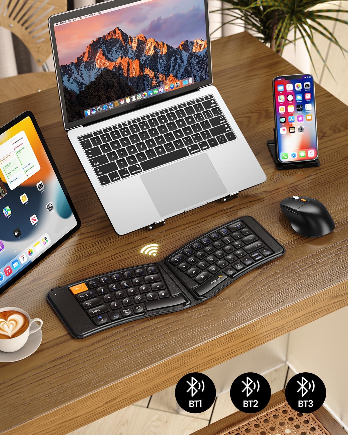 ProtoArc Ergonomic Foldable Keyboard Mouse, XKM03 Portable Folding Bluetooth Keyboard Mouse Combo for Business and Travel, Split Design, 3 Bluetooth, Rechargeable, for iPad, Tablet, iPhone, Laptop