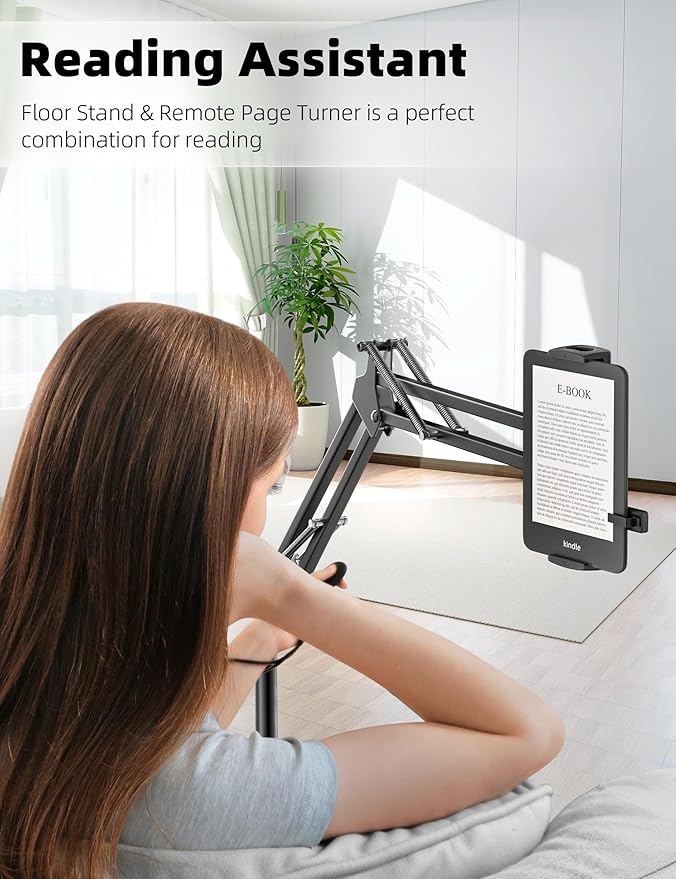 Kindle Floor Stand with Remote Page Turner, Tablet Stand with 11lb Stable Base, Adjustable Height Tablet Holder Mount, Compatible Kindles Tablets iPhones 4.7-12.9 inch