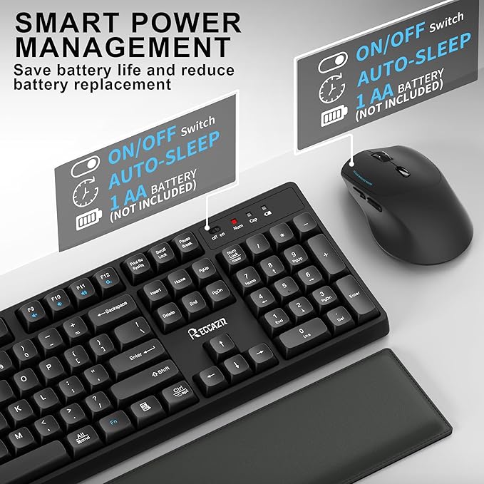 Wireless Keyboard and Mouse Combo with Wrist Rest, 2.4G Full-Sized Keyboard and Mouse Cordless, 3 DPI Adjustable Silent Mouse, Dual-System Keyboard for Computer/Laptop/Windows/Mac(Black)