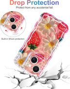 Jusy Compatible with iPhone 15, Colorful Retro Oil Painting Printed Flower Laser Glossy Pattern Cute Curly Wave Phone Case Soft TPU Cover for Girly Women - Strawberry Flower