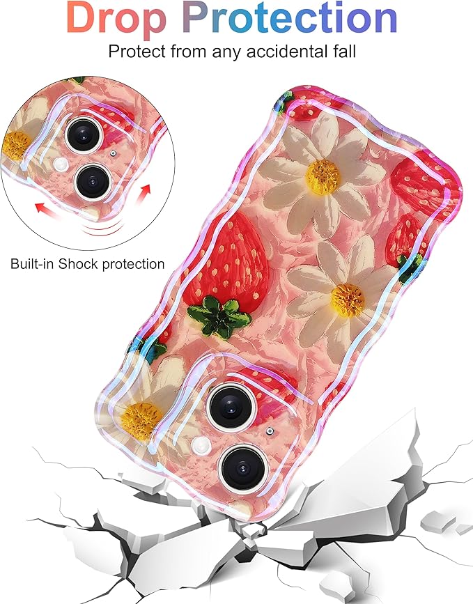 Jusy Compatible with iPhone 15, Colorful Retro Oil Painting Printed Flower Laser Glossy Pattern Cute Curly Wave Phone Case Soft TPU Cover for Girly Women - Strawberry Flower
