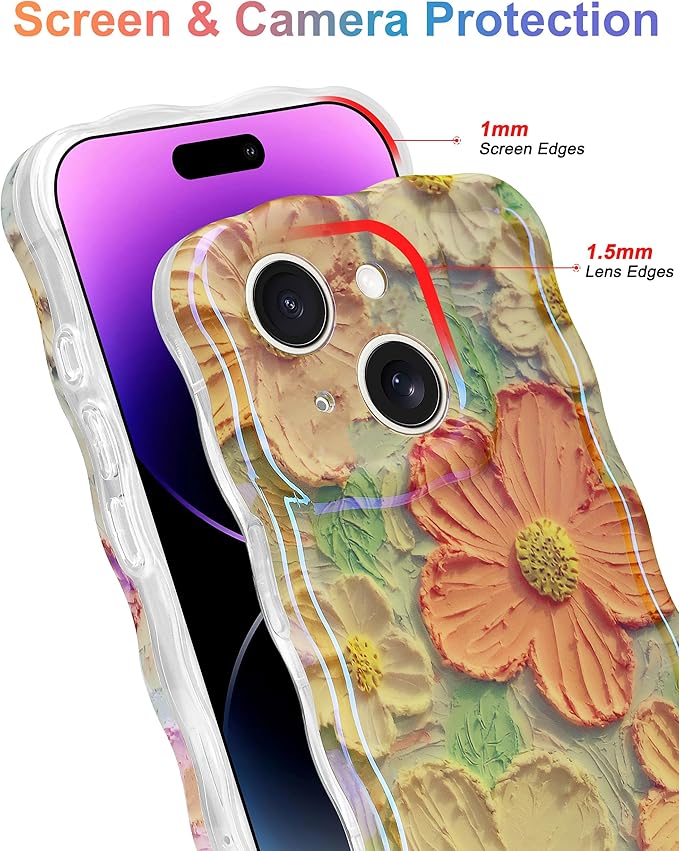 Jusy Compatible with iPhone 14, Colorful Retro Oil Painting Printed Flower Laser Glossy Pattern Cute Curly Wave Phone Case Soft TPU Cover for Girly Women - Orange Yellow