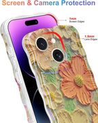 Jusy Compatible with iPhone 14, Colorful Retro Oil Painting Printed Flower Laser Glossy Pattern Cute Curly Wave Phone Case Soft TPU Cover for Girly Women - Orange Yellow