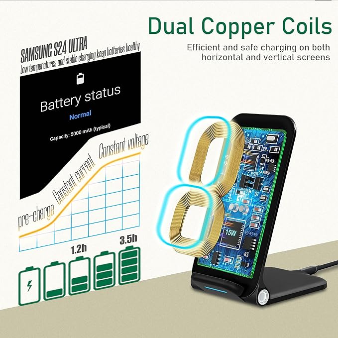 15W Wireless Charger Stand, Foldable Charging Station for Samsung Galaxy S25 S24 S23 S22 S21 S20 Ultra S10 S9 S8 S7 Note10 9 8 7, Desk Stand Up Phone Charger iPhone 16 15 14 13 12 Pro Max