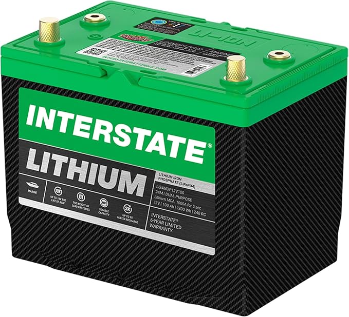 Interstate Batteries 12V 100Ah Group Size 24M Lithium Marine Dual Purpose Deep Cycle LiFePO4 Battery, Maintenance Free, Lightweight, Ideal For Boats with 1,000 Marine Cranking Amps (Li24MDP12V100)