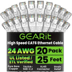 GEARit Cat 6 Ethernet Cable (20-Pack 25 Feet) Cat6 Network Patch, 10Gbps, RJ45, Snagless Cord, Gold-Plated Connectors, Internet for PC, TV, Tablet, Router, Printer, Servers, IT Data Center - White