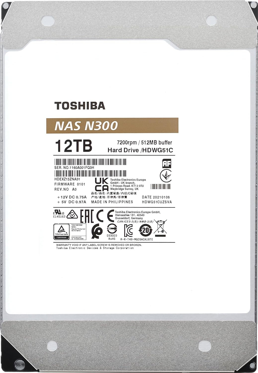Toshiba N300 12TB NAS 3.5-Inch Internal Hard Drive - CMR SATA 6 Gb/s 7200 RPM 512 MB Cache - HDWG51CXZSTA